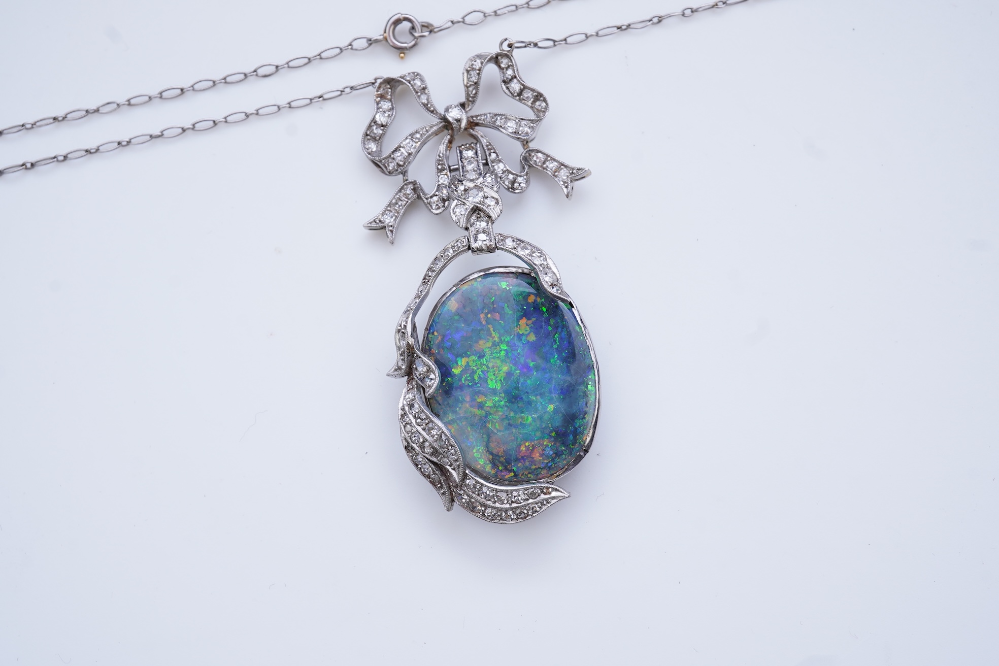 An impressive Belle Epoque black opal and diamond pendant, early 20th century